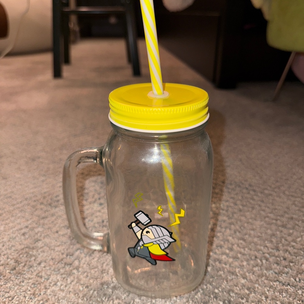Miniso Marvel Thor Mason Jar with Yellow Lid and Straw